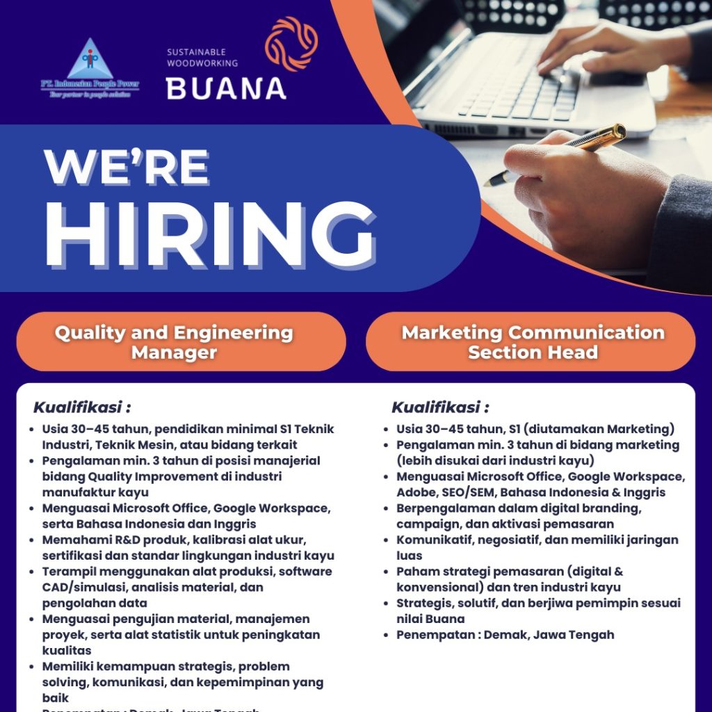 Rekrutmen Quality and Engineering Manager dan Marketing Communication Section Head PT. Buana Triarta