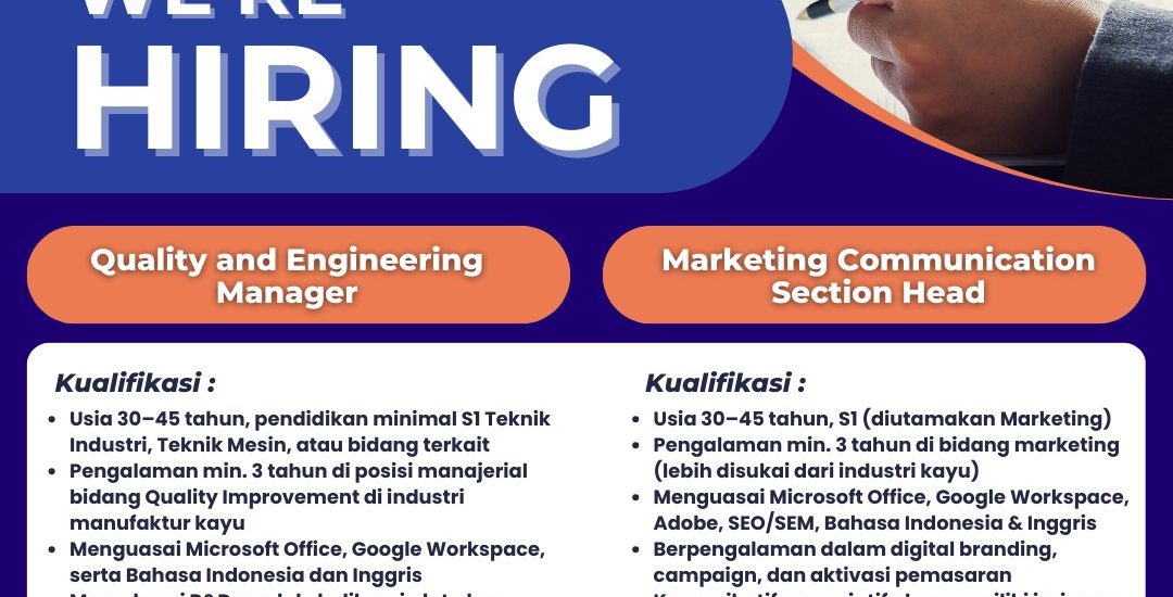 Rekrutmen Quality and Engineering Manager dan Marketing Communication Section Head PT. Buana Triarta