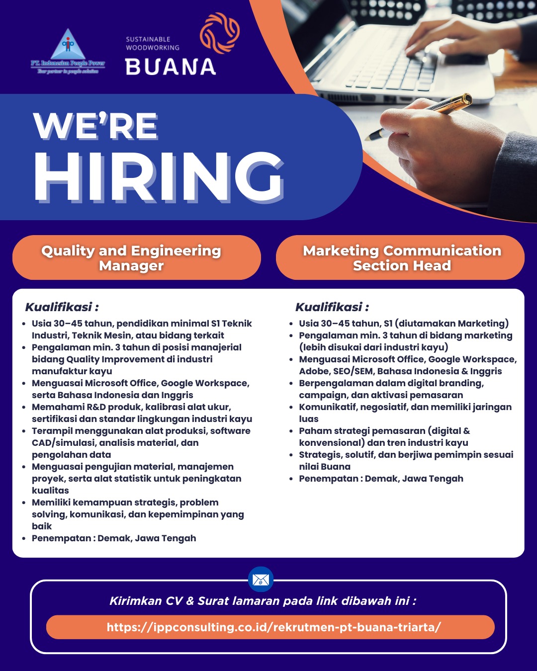 Rekrutmen Quality and Engineering Manager dan Marketing Communication Section Head PT. Buana Triarta